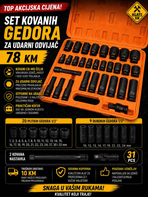 Set kovanih gedora za udarni odvijač 31 komada