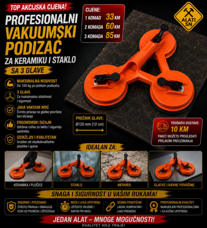 Profesionalni vakuumski podizač za keramiku i staklo, sa 3 glave