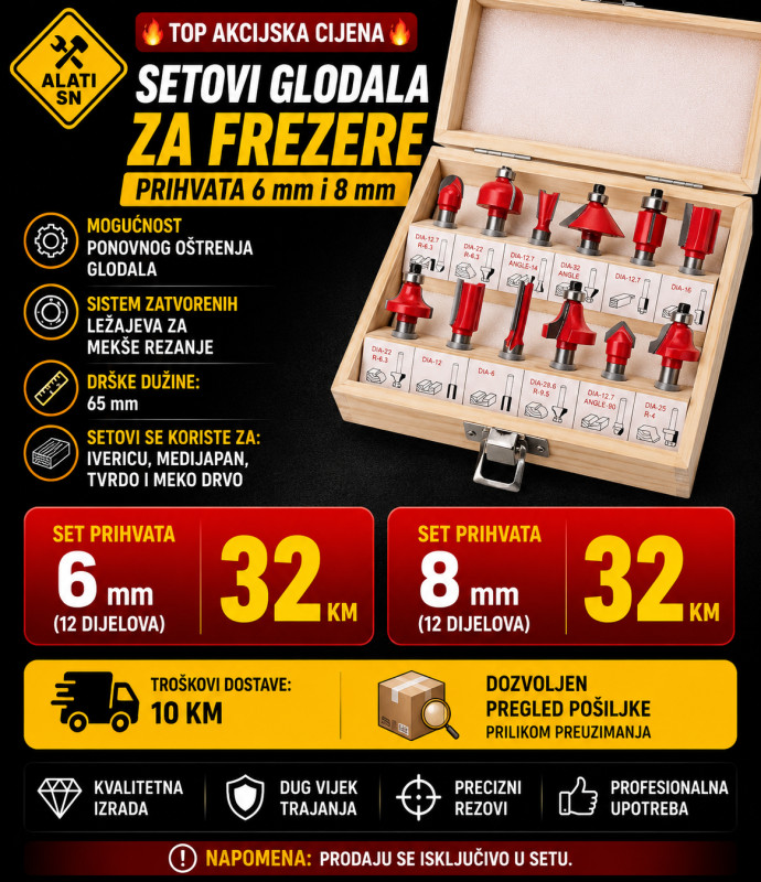 Glodala za frezere prihvati 6 i 8 mm (12 komada)