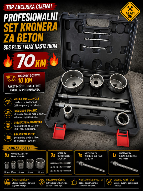 Profesionalni set kronera za beton sa sds plus i max nastavkom