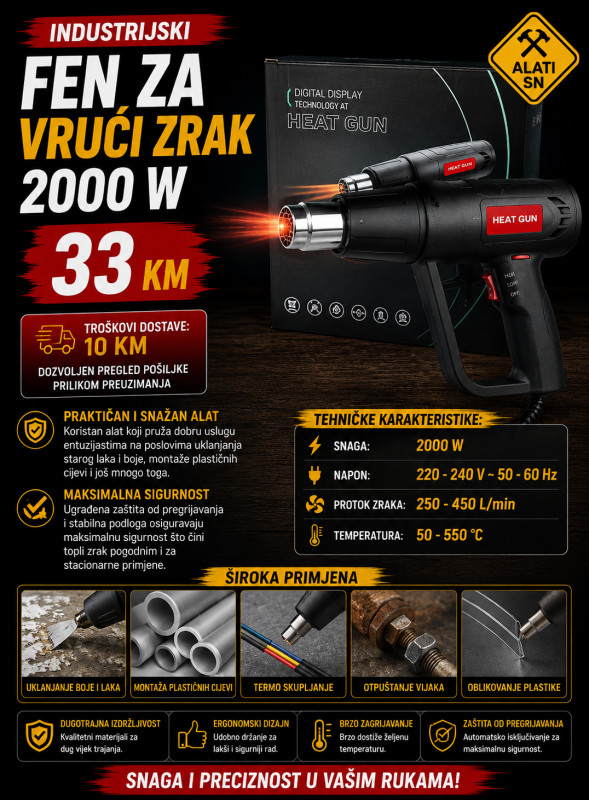 Industrijski fen za vrući zrak 2000 W