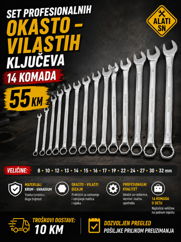 Set profesionalnih okasto - vilastih ključeva 14 komada