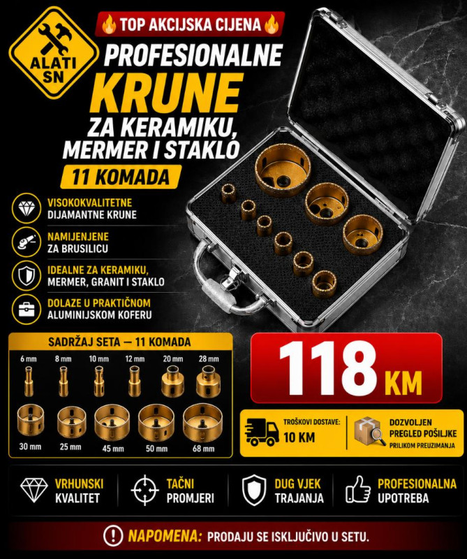 Profesionalne krune za keramiku, mermer i staklo 11 komada