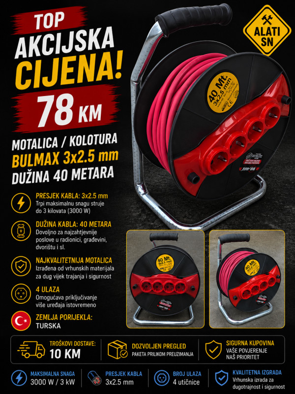 Motalica / kolotura BULMAX 3 × 2,5 mm², 40 m (crvena ili žuta)