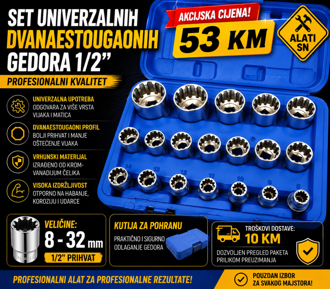 Set univerzalnih dvanaestougaonih gedora 1/2
