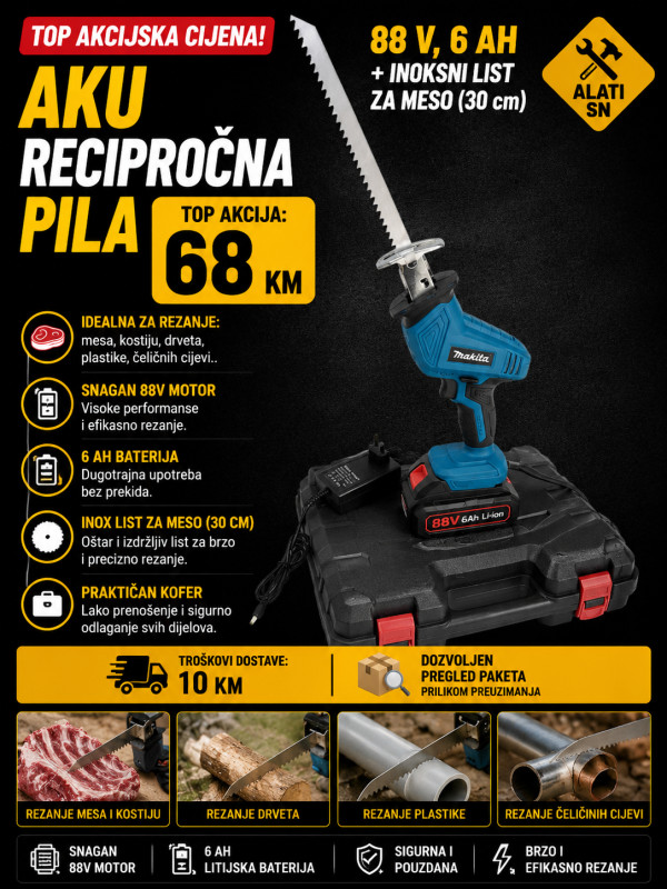Aku recipročna pila 88 V, 6 Ah + inoksni list za meso