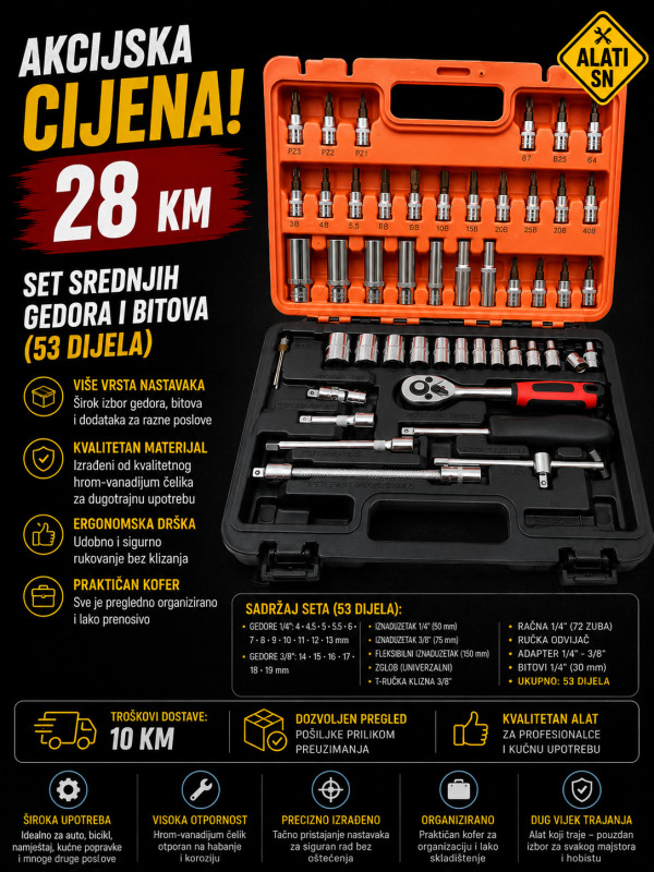 Srednje gedore i set bitova - 53 dijela