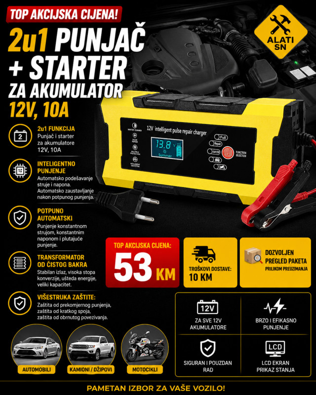 2 u 1 punjač + starter za akumulator 12 V, 10A