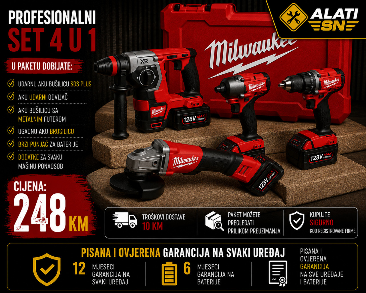 Aku set 4 u 1 Milwaukee + 4 baterije