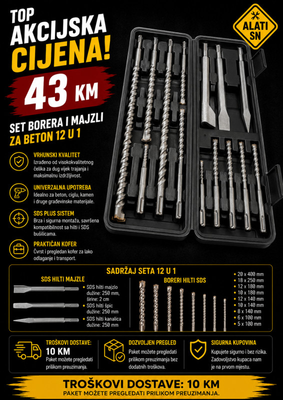 Set borera i majzli za beton 12 u 1
