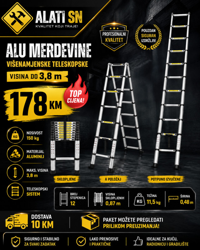 Alu merdevine teleskopske visina do 3,8 m