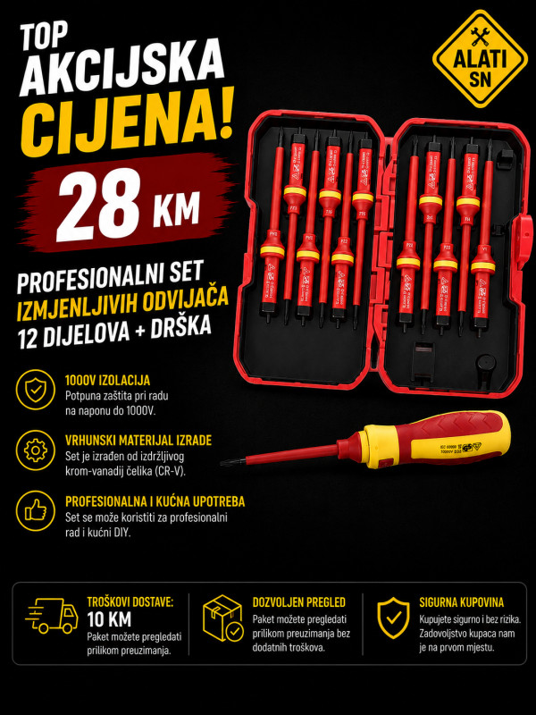 Profesionalni set izmjenljivih odvijača 12 komada + drška