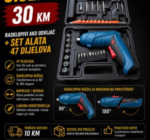 Rasklopivi aku odvijač + set alata 47 dijelova