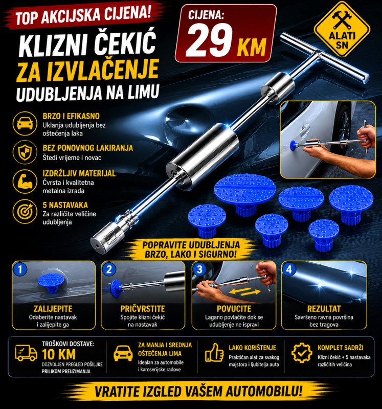 Klizni čekić za izvlačenje udubljenja na limu auta