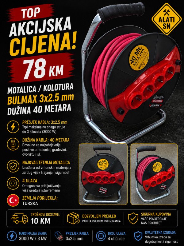 Motalica / kolotura BULMAX 3 × 2,5 mm², 40 m (crvena ili žuta)